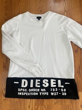 Diesel White & Black Logo Sweatshirt Long Sleeve Size L Graphic Hem